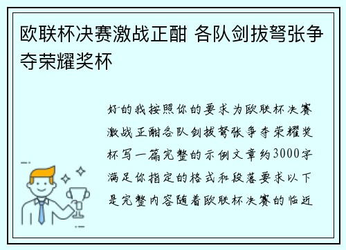 欧联杯决赛激战正酣 各队剑拔弩张争夺荣耀奖杯