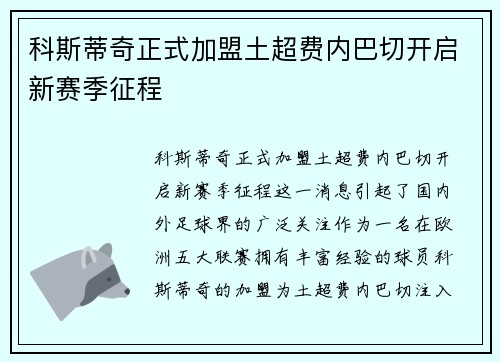 科斯蒂奇正式加盟土超费内巴切开启新赛季征程